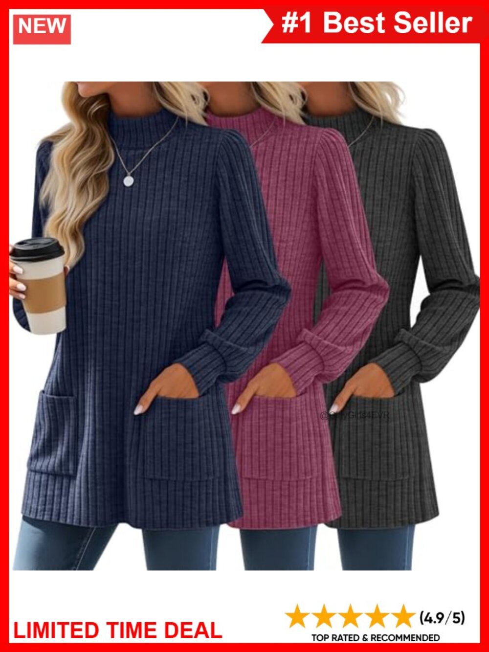 Women's Mock Neck Tunic Sweater 3 Pack Ribbed Knit Long Sleeve Pullover